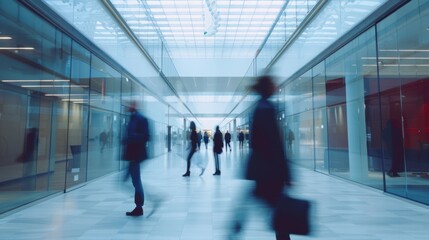 Business workplace with people in walking in blurred motion in modern office space.