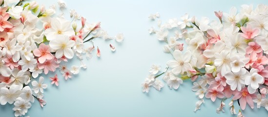 Sticker - A blue background serves as the backdrop for a variety of pink and white flowers. The flowers are vibrant and eye-catching, creating a natural and floral setting for messaging and advertisements.