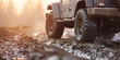 off road vehicle,A thrilling scene showcasing a 4x4 vehicle navigating through the extreme terrain, with mud and dirt flying as it conquers the challenging road.
