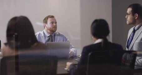 Aufkleber - Business people, meeting and teamwork with discussion in conference room, planning for project and communication. Collaboration, support and trust with corporate strategy negotiation in workplace