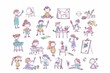 © Starlight - Cartoon cute doodles of children painting and creating art projects during arts and crafts time in kindergarten, Generative AI
