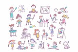 Fototapeta Pokój dzieciecy - Cartoon cute doodles of children painting and creating art projects during arts and crafts time in kindergarten, Generative AI