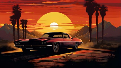 Vintage car silhouettes and evening landscape