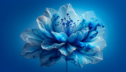 abstract single blue flower blooming by transparent liquid fluid ink petal on blue background. 3d re