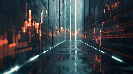 Poster - 3d rendering of data center server room with glowing forex chart