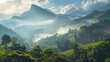 Morning mountain landscape with clouds and alpine panorama.
Morning mist, breathtaking natural scenery Travel and tourism concept images, refreshing and relaxing nature images