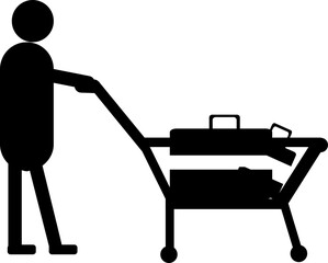 Sticker - Silhouette of human holding luggage trolley icon.