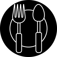 Sticker - Spoon with fork on plate, b&w icon.