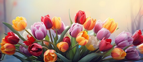 Canvas Print - A vibrant bouquet of colorful tulips fills a vase, showcasing the beauty of spring nature with its vibrant hues. Perfect for romantic postcards and web banners.