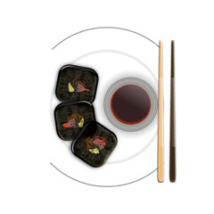 Poster - Top view of sushi pieces with sauce and chopstick.