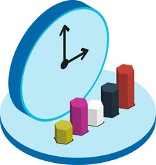 Sticker - Time management or success concept, 3d wall clock with bar graph.