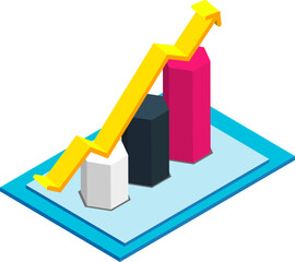 Canvas Print - 3D isometric bar graph icon with growth arrow.