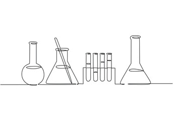 Lab experiment tools in continuous single one line art drawing. Minimalist glassware for laboratory research. Hand drawn vector illustration education and science concept.