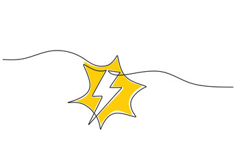 Wall Mural - Lightning electric power in continuous one line art drawing. Flash bolt sign in yellow light.