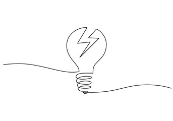 Wall Mural - lightning electric power in continuous one line art drawing. flash bolt with light bulb.