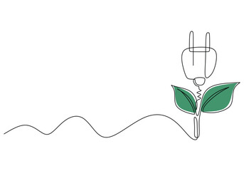 Wall Mural - one line drawing of power plug with leaf. green energy concept. eco and modern theme vector illustra
