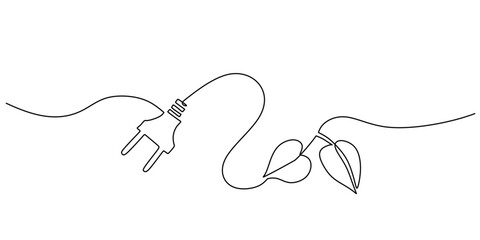 Wall Mural - One line drawing of power plug with leaf. Green energy concept. Eco and modern theme vector illustration.