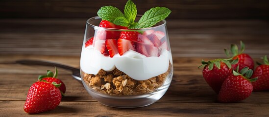 Wall Mural - A glass filled with layers of fresh strawberries, crunchy granola, and creamy yogurt, creating a healthy and satisfying dessert. Presented on a rustic wooden background.