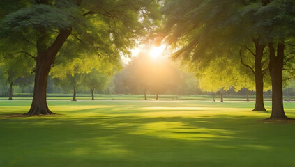 Wall Mural - Beautiful morning light in park with green grass field.