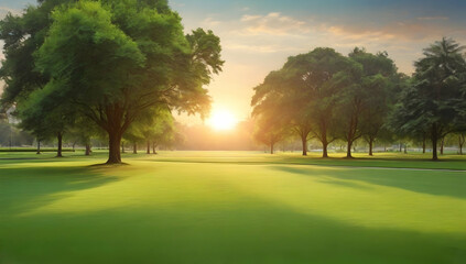 Wall Mural - Beautiful sunrice light in park with green grass field. Cartoon or anime illustration style