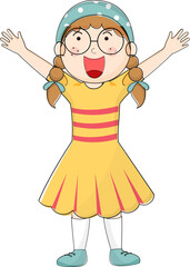 Poster - Happy little girl raised hands up in standing pose.