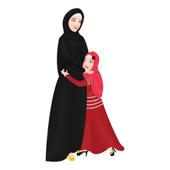 Poster - Character of a cheerful islamic mother hugging her daughter in Eid Mubarak Celebration.