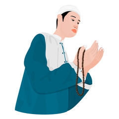 Wall Mural - Illustration of a Muslim boy in traditional outfit, doing Namaz on abstract white background.