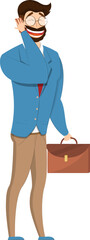 Poster - Funny face cartoon character of young man laughing and holding a briefcase on white background.