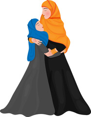 Poster - Beautiful muslim mother hugging her daughter and wearing Islamic traditional cloth.