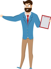 Sticker - Character emotion. Illustration of bearded man character and holding a clipboard paper on white background.