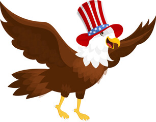 Sticker - Cartoon of eagle wearing Uncle Sam's hat and flying.