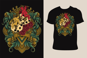 Wall Mural - Illustration hand drawn. Angel and demon sitting on dice with rose flower on T shirt mockup