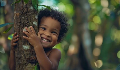 happy child hugging a tree, net zero carbon neutral concept