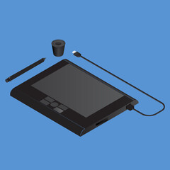 Wall Mural - 3D graphic tablet or pen tab on blue background.