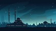 Islamic background, ramadan. Mosque silhouette in bright night sky with moon and star