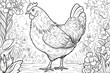 Black and white illustration for coloring animals, hen.