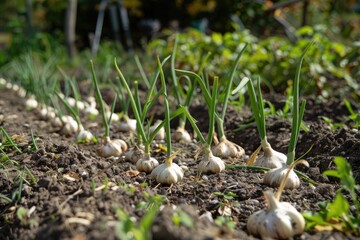 Wall Mural - Garlic in the vegetable garden. The concept of spring or autumn gardening.