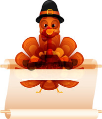 Sticker - Illustration of turkey bird wearing pilgrim hat holding blank scroll paper given for your message.