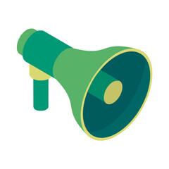 Poster - Isometric element of megaphone or loudspeaker in green color.