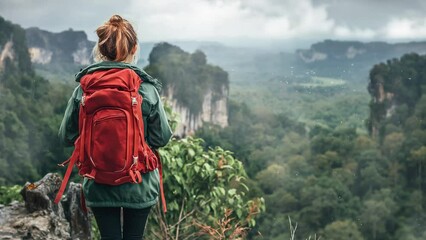 hiking sport background with a woman hiker. woman traveler standing on mountain cliff. seamless loop