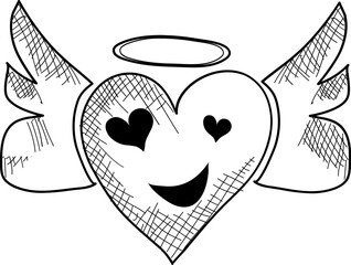 Sticker - Winged heart or love angel icon in doodle style.