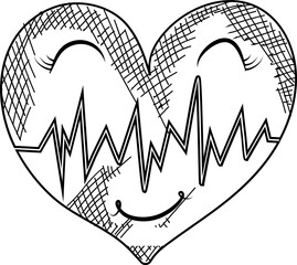 Sticker - Doodle style heart shape with heartbeat icon.