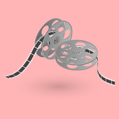 Wall Mural - 3D illustration of film reel on pink background.