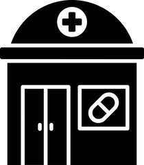 Sticker - B&W pharmacy store icon in flat style.