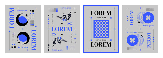 Fototapete - Simple grey poster design with grid and neo tribal abstract geometric shapes and stickers. Vector set of banner or cover template in y2k style with cyber aesthetic decoration ornament and text.