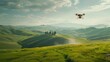 Against a backdrop of rolling hills, a drone flies gracefully, carrying a package as it seamlessly integrates into rural logistics
