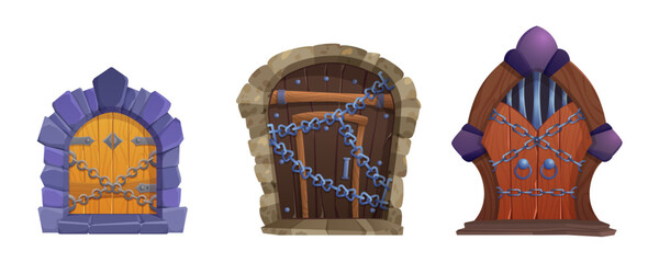 Wall Mural - Medieval castle or dungeon wooden door closed with metallic chain. Cartoon vector illustration set of ancient wood locked gates in form of arch with stone brick doorway, iron handles and grating.