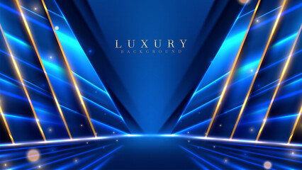 Wall Mural - blue luxury background with golden line decoration and curve light effect with bokeh elements. moder