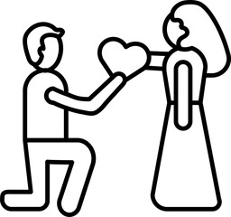 Sticker - Man giving heart balloon to woman icon in black outline.