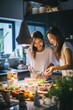 © shelbys - Two women preparing food in a kitchen. Fictional Character Created By Generated By Generated AI.
